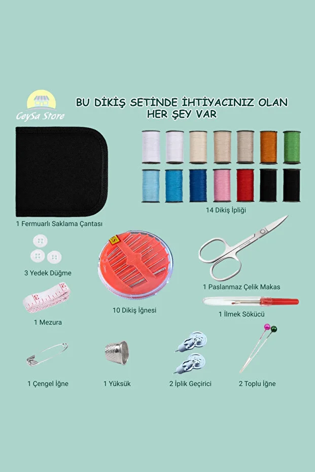 Dikiş Seti, Taşınabilir Mini Acil Durum ve Seyehat Dikiş Kiti, İplik, İğne, Makas, Mezura Dahil